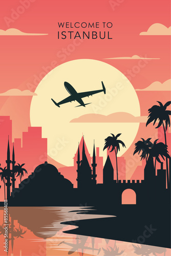 Welcome to Istanbul, Turkey. Retro city poster with abstract shapes of skyline, buildings, plane flying over. Vintage airlines travel vector illustration