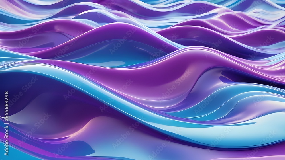 Fototapeta premium Abstract background 3D, shiny plastic waves with purple blue textures and lights interesting lustrous liquid wavy texture, 3D render illustration.