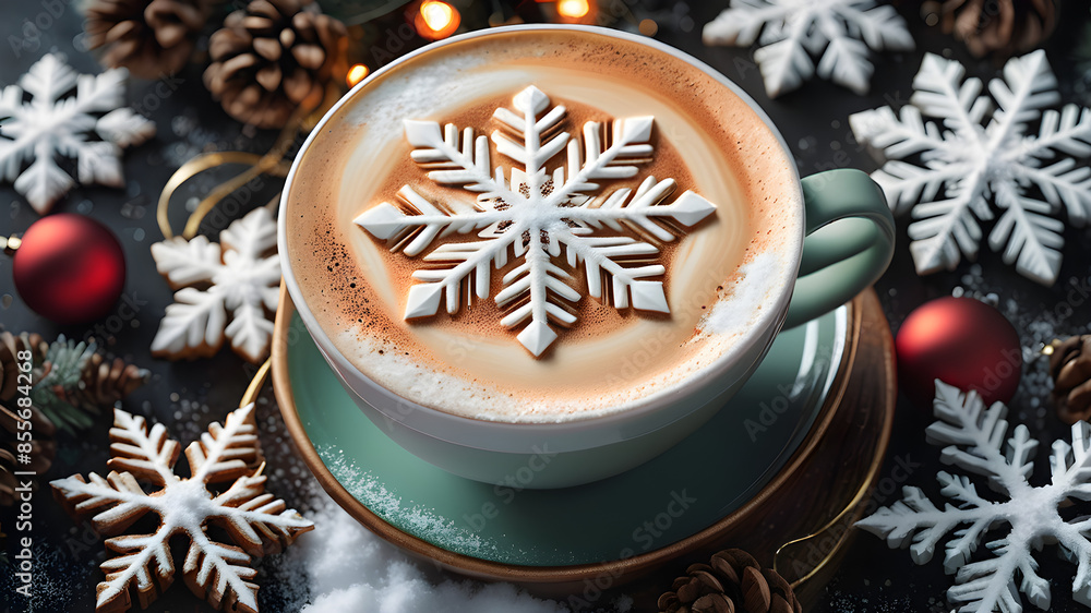 Delicious Christmas Coffee Latte Cup with Snowflake Design Delicious Christmas Coffee Latte Cup with Snowflake Design