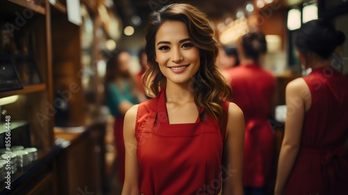 Wallpaper Mural Delighted Woman Store Owner in Red Apron at Entrance – Greeting Clients with Enthusiasm Torontodigital.ca