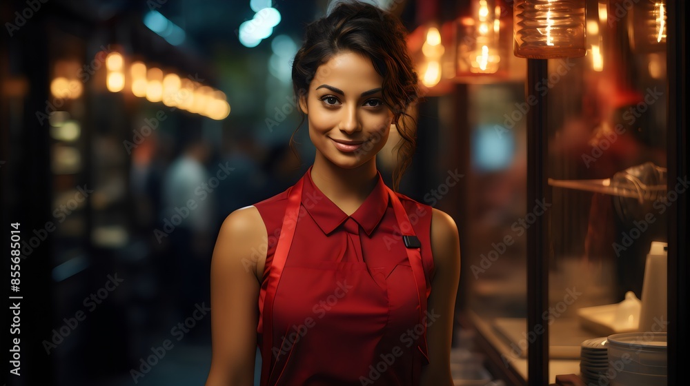 Cheerful Female Entrepreneur at Her Shop Doorway – Welcoming Customers with a Smile Cheerful Female Entrepreneur at Her Shop Doorway – Welcoming Customers with a Smile