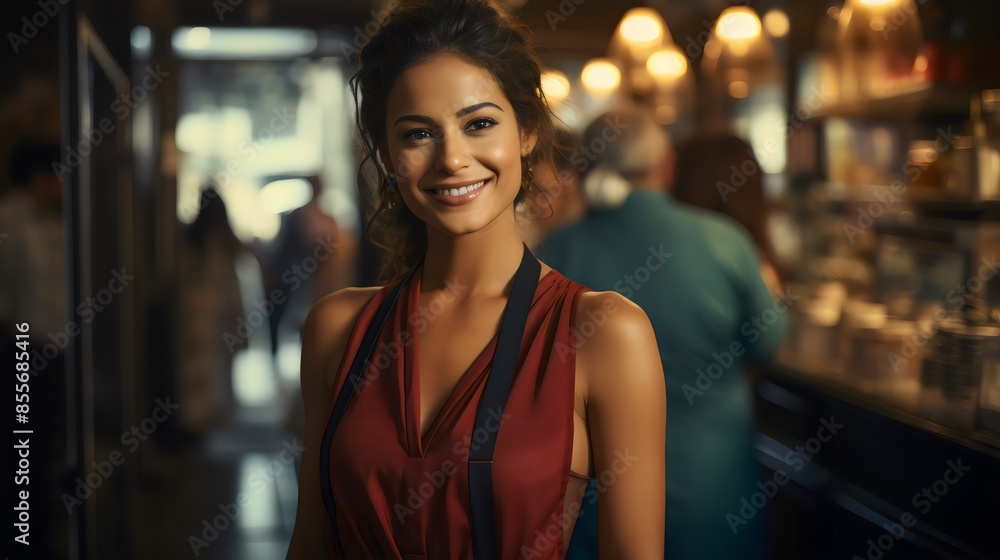 Smiling Female Shop Owner at Store Entrance – A Warm Welcome Awaits You Smiling Female Shop Owner at Store Entrance – A Warm Welcome Awaits You
