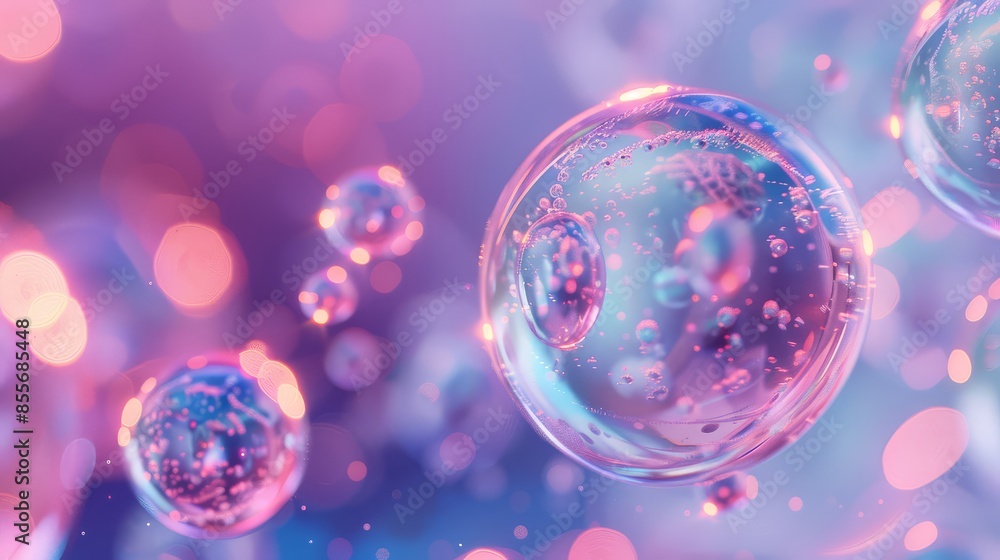Bubbles gently float on purple shiny background Bubbles gently float on purple shiny background
