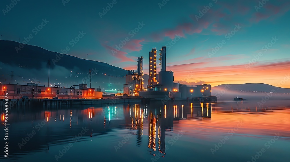 Naklejka premium Industrial factory with smokestacks illuminated at dusk, reflecting in a calm body of water with a mountain in the background.