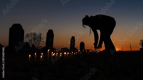 Silhouette of someone placing candles on the ground near headstones at dusk to honor the deceased. photo