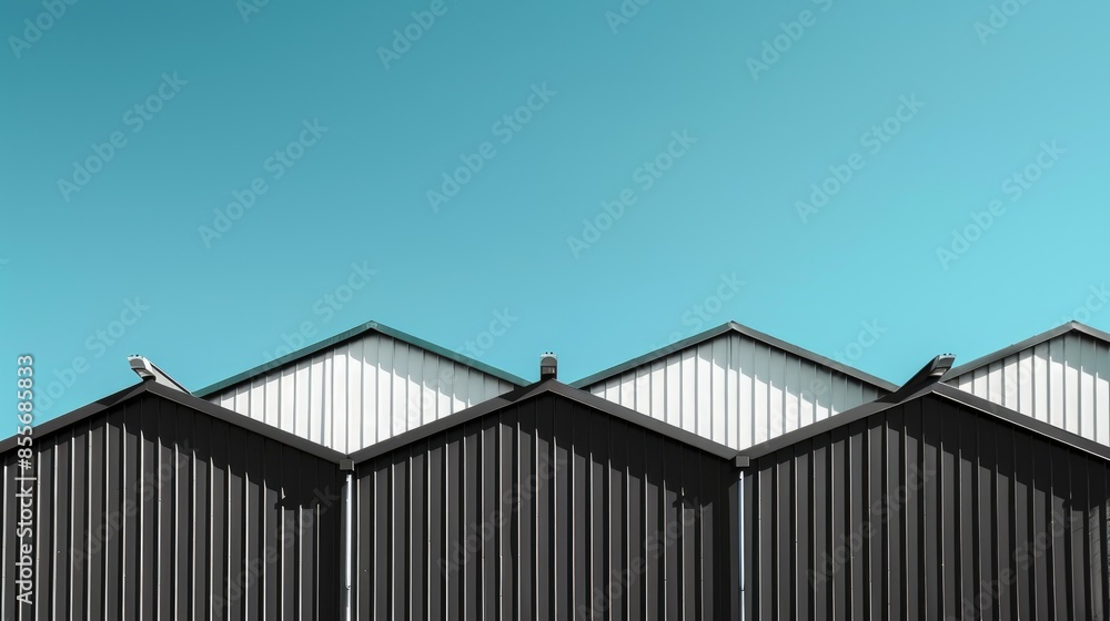 Black and white Factory Buildings with Corrugated metal roofs against blue sky Black and white Factory Buildings with Corrugated metal roofs against blue sky