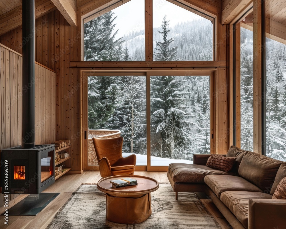 Fototapeta premium Architectural detail of cozy mountain retreat cabins, featuring rustic charm and natural beauty