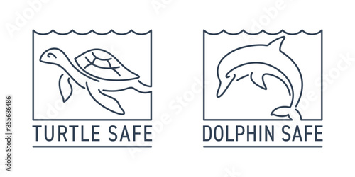 Labels for canned fish - Dolphin Safe, Turtle Safe, in thin line