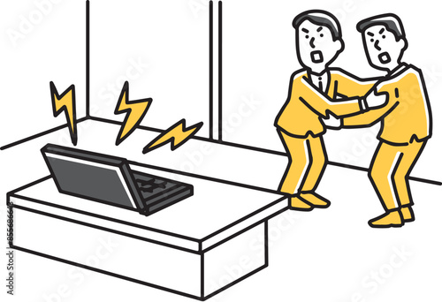 怒鳴るノートパソコンを恐れる2人の会社員