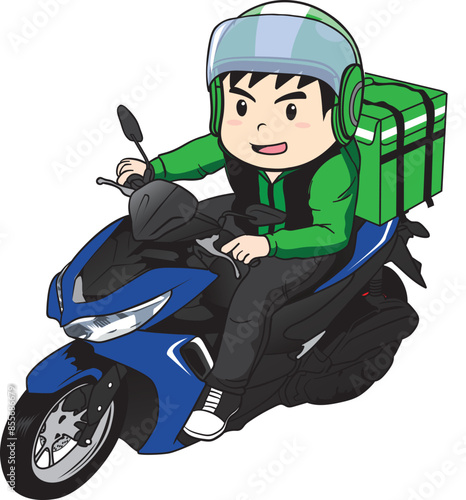 Delivery man ride motorcycle cartoon vector