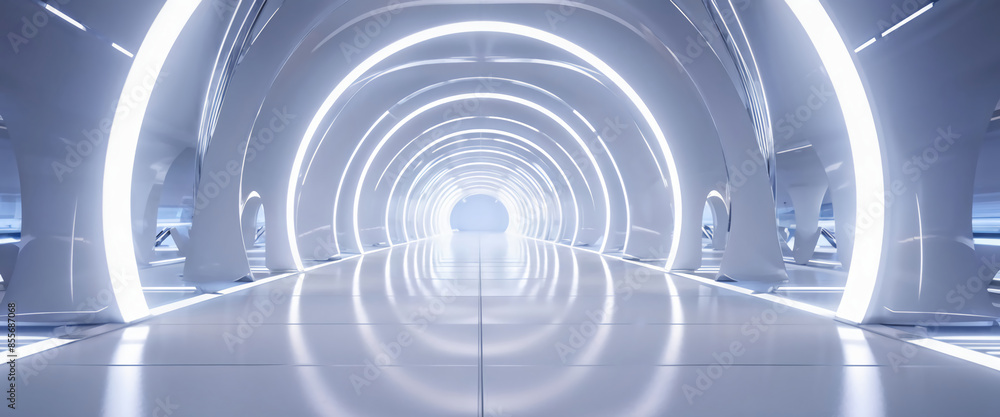 White background 3D room light abstract space technology tunnel stage floor. Empty white future 3D neon background studio futuristic corridor render modern interior silver road black wall design gray White background 3D room light abstract space technology tunnel stage floor. Empty white future 3D neon background studio futuristic corridor render modern interior silver road black wall design gray