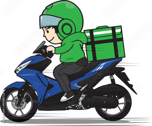 Delivery man ride motorcycle cartoon vector