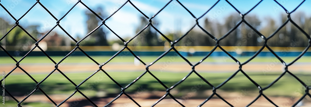 Wire metallic mesh fence around a football field. Blurred green grass, blue sky and trees background, close up view with details. Sports design Wire metallic mesh fence around a football field. Blurred green grass, blue sky and trees background, close up view with details. Sports design