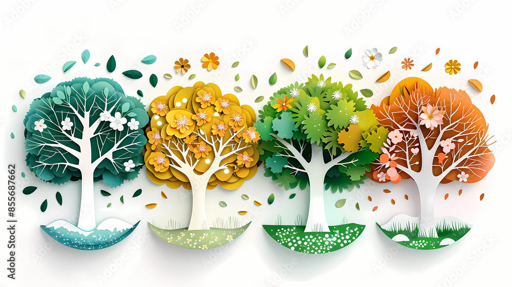 Four seasons tree isolated on white background, spring with flowers, green summer, yellow autumn, snow winter. Vector illustration. Paper cut cartoon style, Four seasons tree isolated on white background, spring with flowers, green summer, yellow autumn, snow winter. Vector illustration. Paper cut cartoon style,
