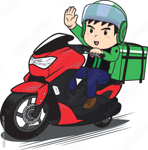 Delivery man ride motorcycle cartoon vector