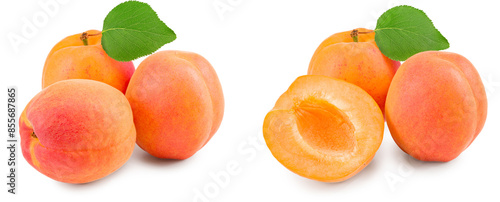 apricot fruits with green leaf isolated on white background. clipping path