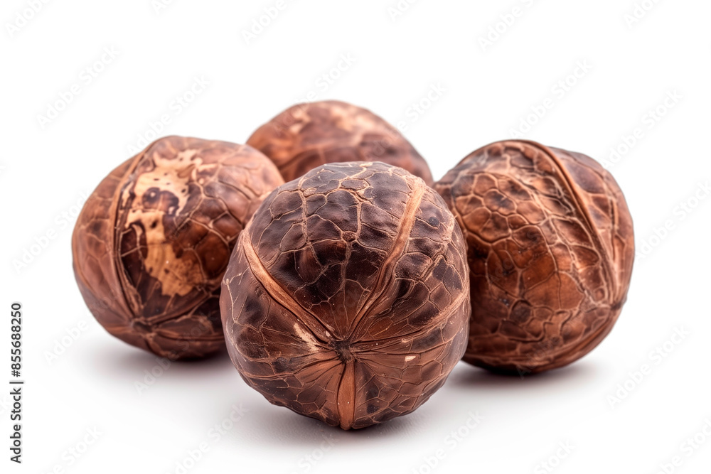 Close-up of shelled and unshelled Hickory nuts isolated on a white background, showcasing their texture Close-up of shelled and unshelled Hickory nuts isolated on a white background, showcasing their texture