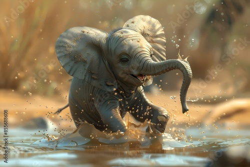 Playful Baby Elephant Splashing in Water. photo