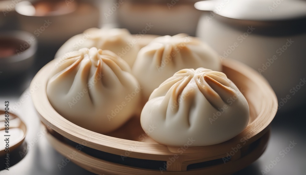 view of elegant Chinese steamed buns baozi with steamer view of elegant Chinese steamed buns baozi with steamer