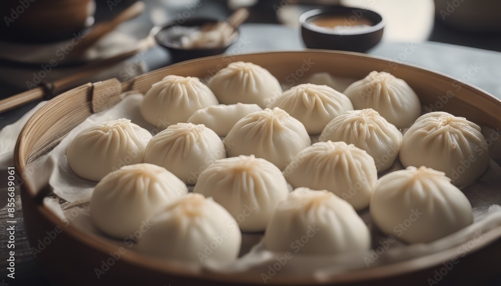view of elegant Chinese steamed buns baozi with steamer view of elegant Chinese steamed buns baozi with steamer