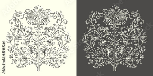 Mughal Art is a traditional bunch flower of floral ornaments. A line motif on a light background, isolated element. Fantasy traditional bouquet.