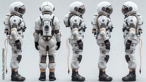 A simple sci-fi spaceship astronaut character design featuring different views of an astronaut suit concept art