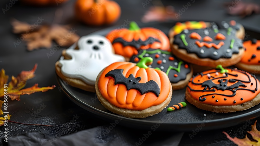 Halloween cookies assortment, ghost, pumpkin, bat, and skeleton designs, black plate, dark background Halloween cookies assortment, ghost, pumpkin, bat, and skeleton designs, black plate, dark background
