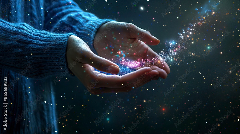 Fototapeta premium Stardust and magic in woman hands on dark background
