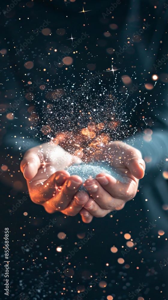 Stardust and magic in woman hands on dark background Stardust and magic in woman hands on dark background