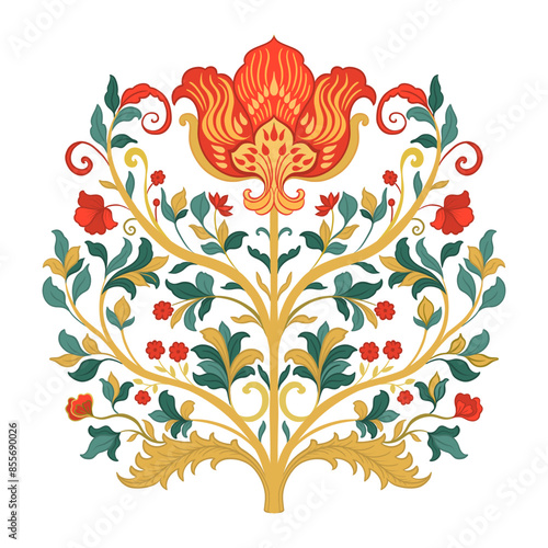 Mughal Art is a traditional bunch flower of floral ornaments. A multi-color motif on a light background, isolated element. Fantasy traditional bouquet.