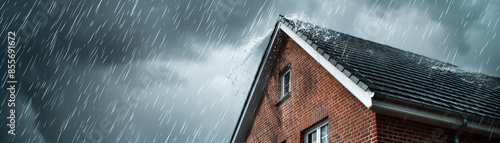 A stormy sky with heavy rain and strong winds battering a red brick house photo