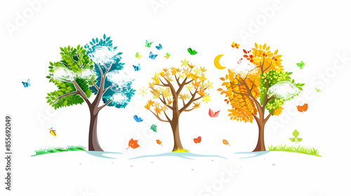 Four seasons tree isolated on white background, spring with flowers, green summer, yellow autumn, snow winter. Vector illustration. Paper cut cartoon style,