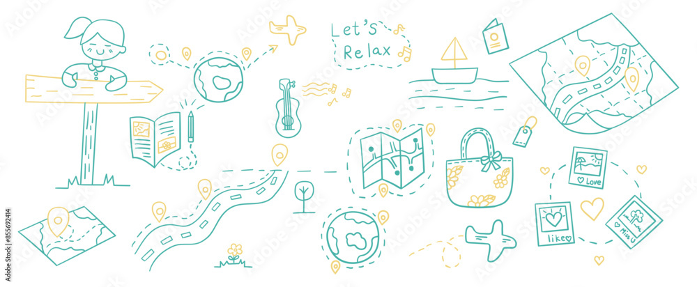 Hand drawn outline doodles vector design elements set of guitar, airplane, passport, world map pin, wood road sign, location, roadmap. travel concept illustration. Hand drawn outline doodles vector design elements set of guitar, airplane, passport, world map pin, wood road sign, location, roadmap. travel concept illustration.