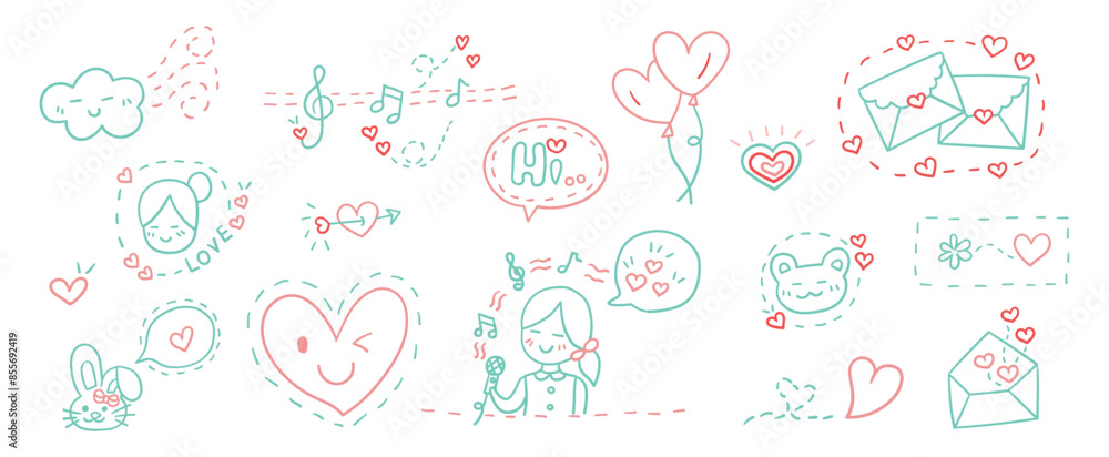 Hand drawn outline doodles vector design elements set of girl singing, arrow with heart, dotted line heart, music note, heart balloons, bear, cloud and wind, love letter. Hand drawn outline doodles vector design elements set of girl singing, arrow with heart, dotted line heart, music note, heart balloons, bear, cloud and wind, love letter.