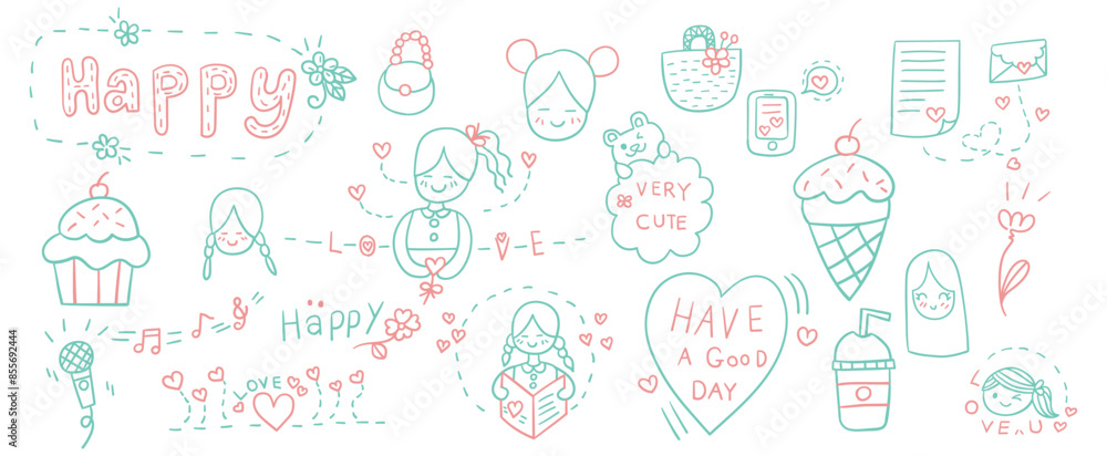 Hand drawn outline doodles vector design elements set of woven bag, happy lettering, singing, girl reding letter, cupcake, ice cream cone, love heart. Hand drawn outline doodles vector design elements set of woven bag, happy lettering, singing, girl reding letter, cupcake, ice cream cone, love heart.