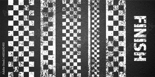 Asphalt road with white start or finish checkered line marking, concrete highway surface, texture. Street traffic lane, road dividing strip. Pattern with grainy structure. Vector illustration