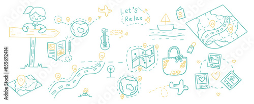 Hand drawn outline doodles vector design elements set of guitar, airplane, passport, world map pin, wood road sign, location, roadmap. travel concept illustration.