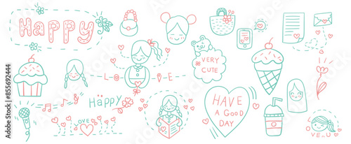 Hand drawn outline doodles vector design elements set of woven bag, happy lettering, singing, girl reding letter, cupcake, ice cream cone, love heart.
