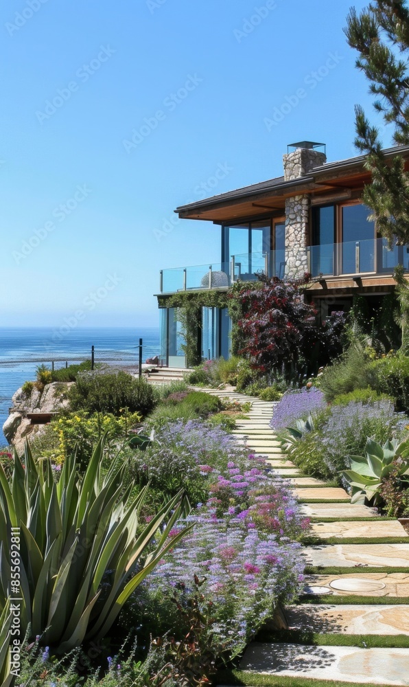 Fototapeta premium Scenic panoramic view of oceanfront homes overlooking a beautifully landscaped seaside garden