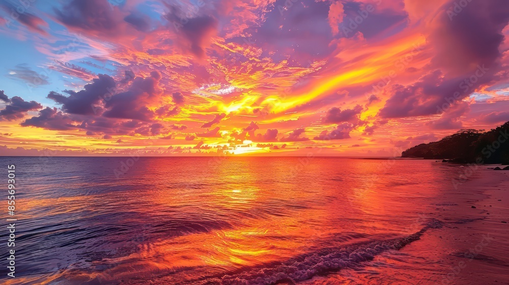 Fototapeta premium A beautiful sunset over the ocean with a reflection of the sun on the water