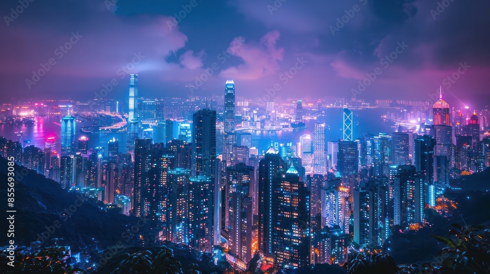 Fototapeta premium A city at night with a purple sky