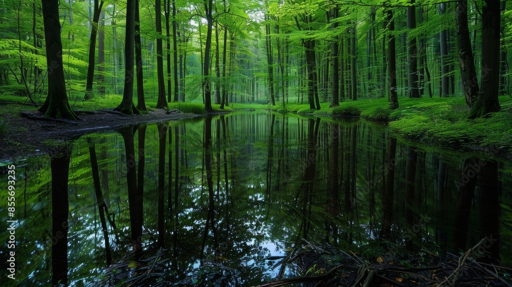 A serene forest scene mirrored perfectly in the still waters of a tranquil pond. A serene forest scene mirrored perfectly in the still waters of a tranquil pond.
