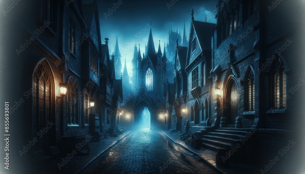 atmospheric medieval town at night, with deserted cobblestone streets lit by ethereal blue light. Gothic buildings with peaked roofs and arched atmospheric medieval town at night, with deserted cobblestone streets lit by ethereal blue light. Gothic buildings with peaked roofs and arched