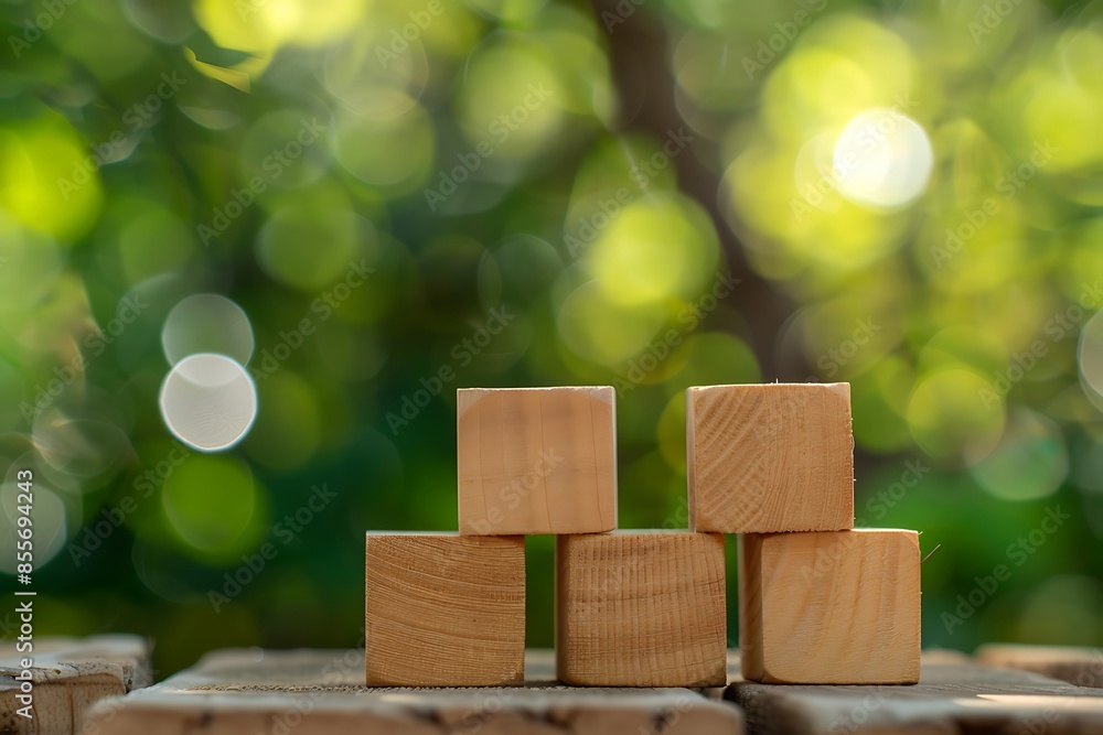 Five wooden blocks square, plant blurred background. Five wooden blocks square, plant blurred background.