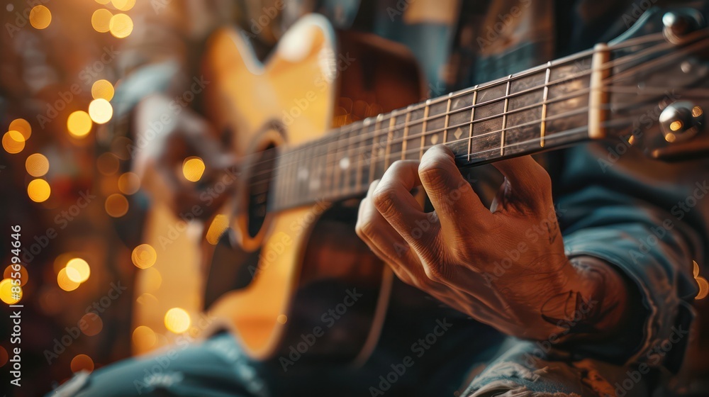 Obraz premium A man is playing a guitar with his left hand