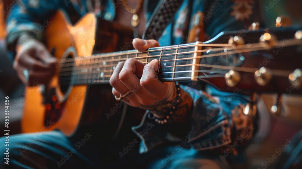 Fototapeta premium A man is playing a guitar with his hands on the strings