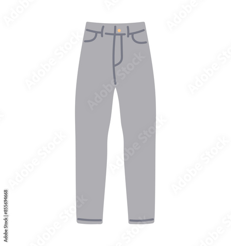 Fashion jeans trousers, modern jeans pants, denim fabric trousers, cotton clothes, casual women apparel with button and pockets, trendy slim leg wearing flat vector illustration.
