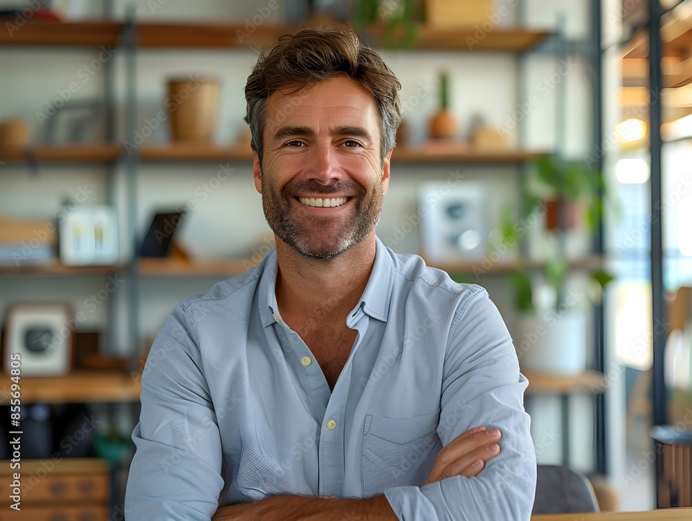 Proud entrepreneur smiles confidently in modern office space symbolizing business growth and achievement Proud entrepreneur smiles confidently in modern office space symbolizing business growth and achievement