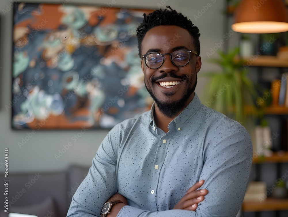 Obraz premium Proud Entrepreneur Smiling in Modern Office Space Symbolizing Business Growth and Achievement
