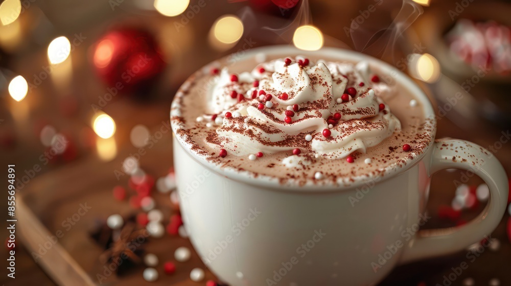 A white mug of hot chocolate with whipped cream and red A white mug of hot chocolate with whipped cream and red